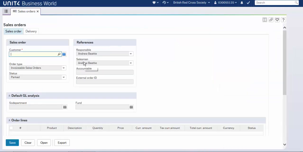 Unit4 Business World sales order header entry form with customer and references fields