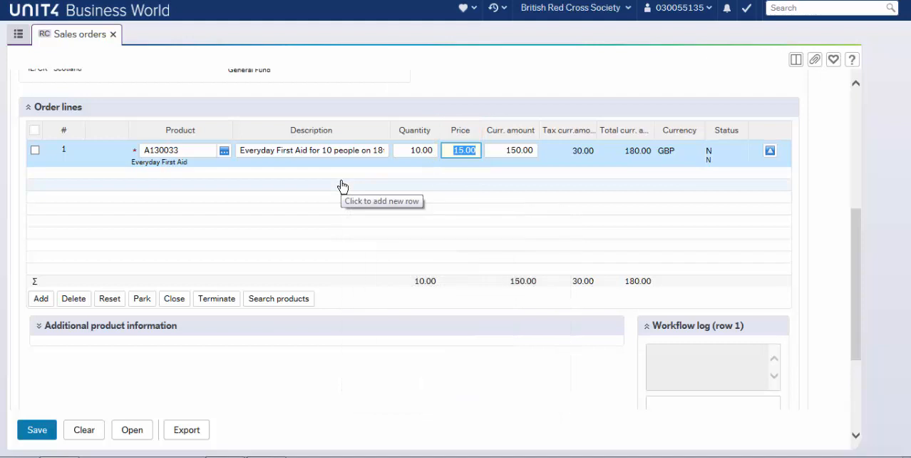 Unit4 ERP Business World sales order line items grid with product, quantity and pricing