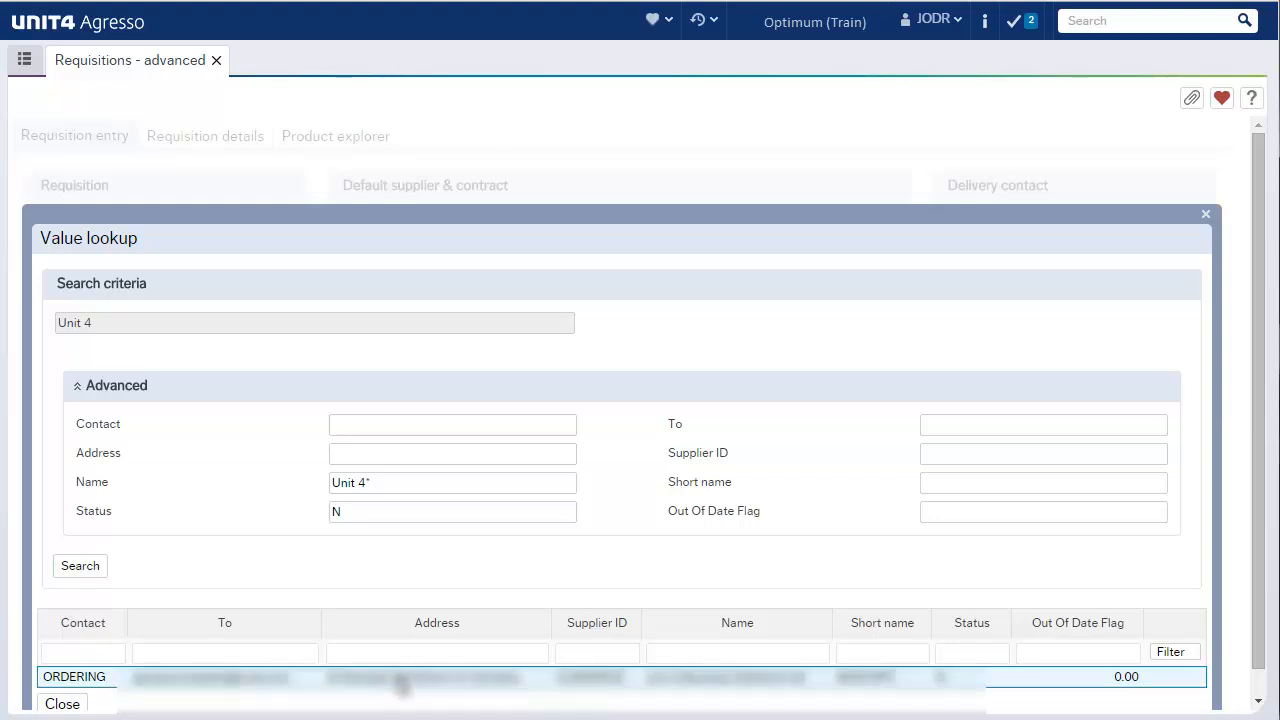 Unit4 Business World Value lookup search dialog for finding a supplier record
