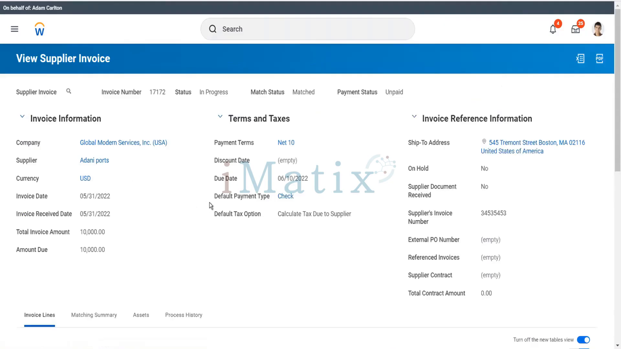 Workday Financial Management supplier invoice detail screen with invoice, tax, and reference information
