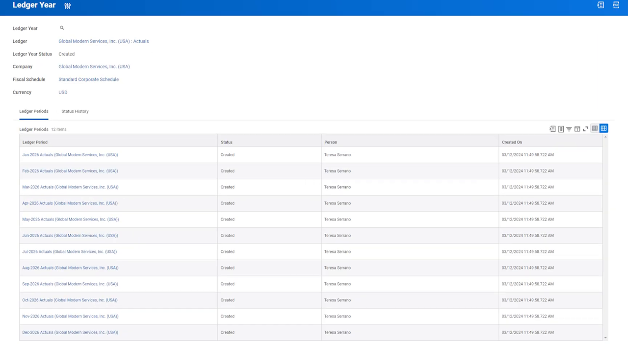Workday Financial Management Ledger Year configuration screen with fiscal periods