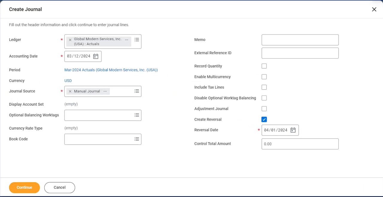Workday Financial Management Create Journal form with ledger and reversal fields