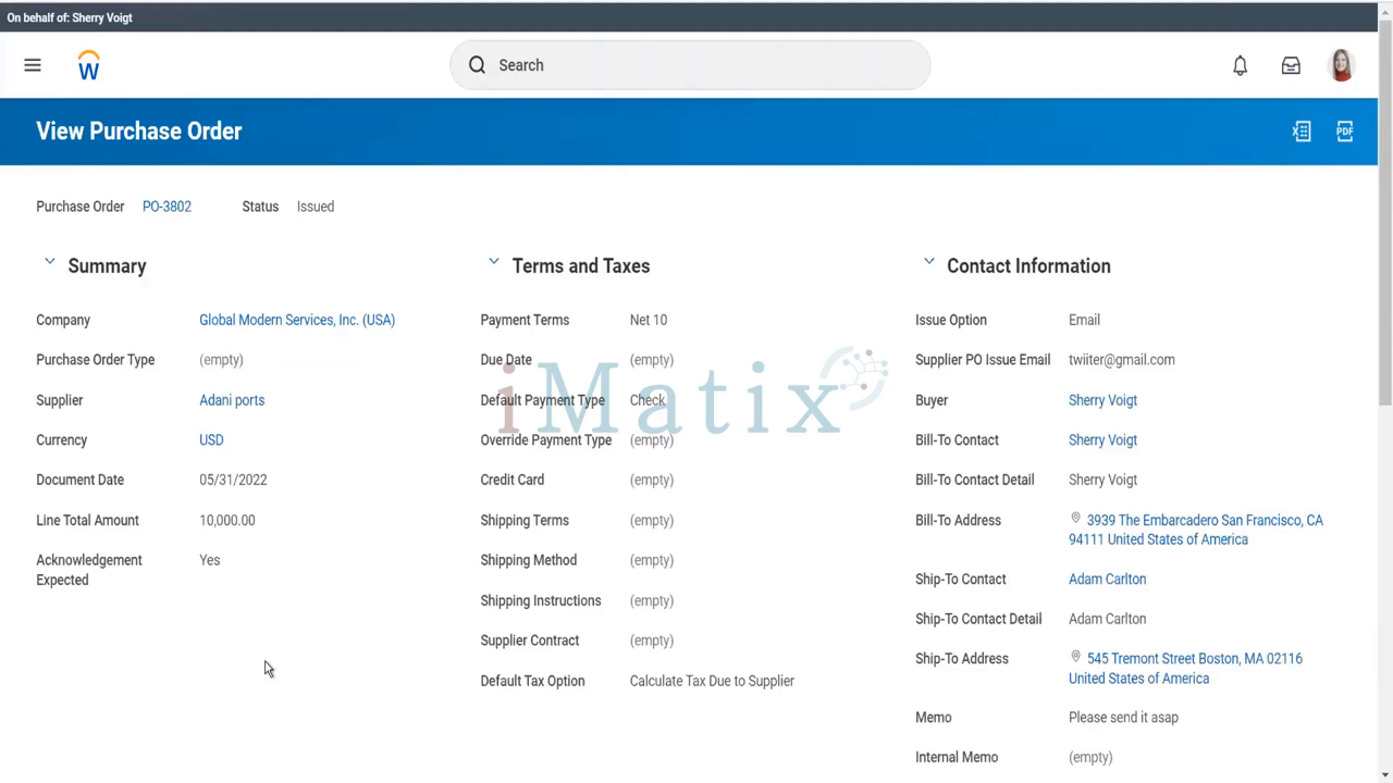 Workday Financial Management purchase order detail page showing summary, terms, taxes, and contact information