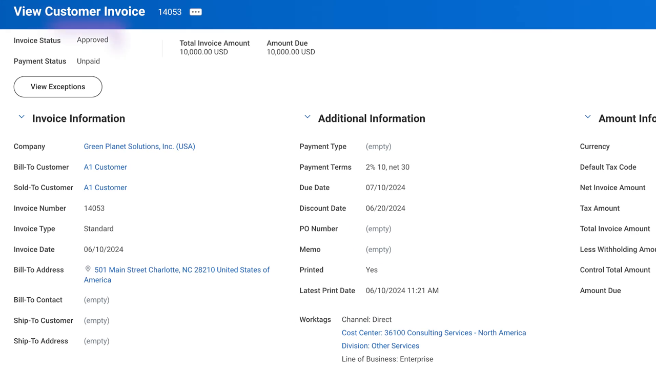 Workday Financial Management View Customer Invoice screen showing approved invoice detail