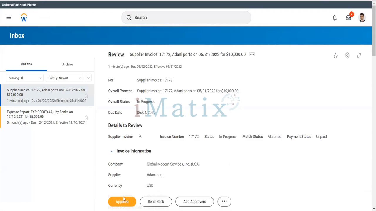 Workday Financial Management inbox showing a supplier invoice approval task with approve and send back actions